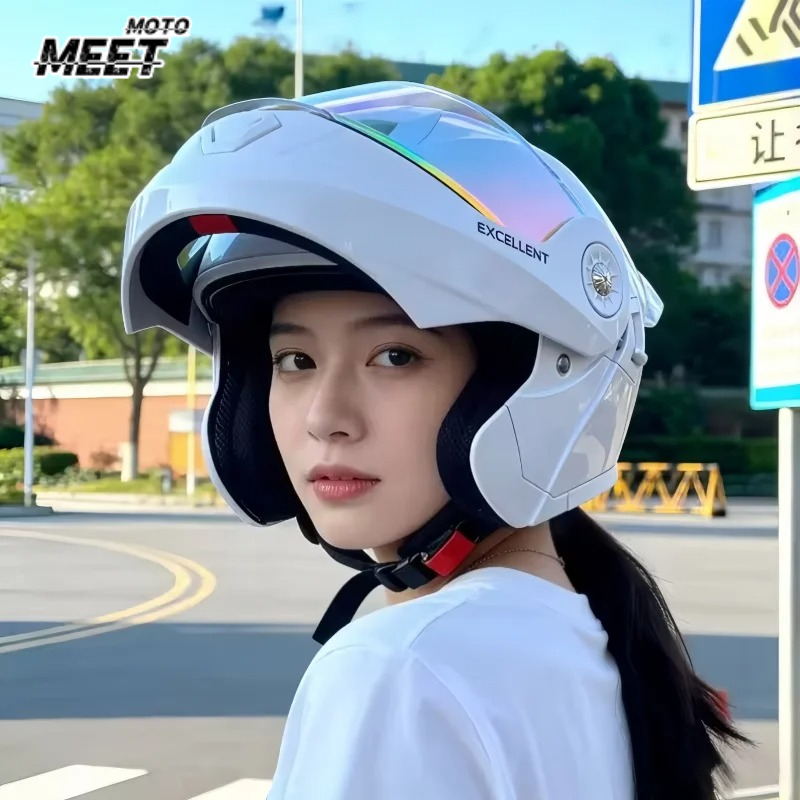 Motorcycle Helmet Inner Sun Visor Lens - หมวกกันน็อคมอเตอร์ไซค์แบบโมดูลาร์สำหรับทุกฤดูกาล พร้อมแผ่นกันแดดในตัวและเลนส์คู่เพื่อความปลอดภัย สำหรับผู้ขับขี่จักรยานไฟฟ้าและมอเตอร์ไซค์ ทั้งชายและหญิง