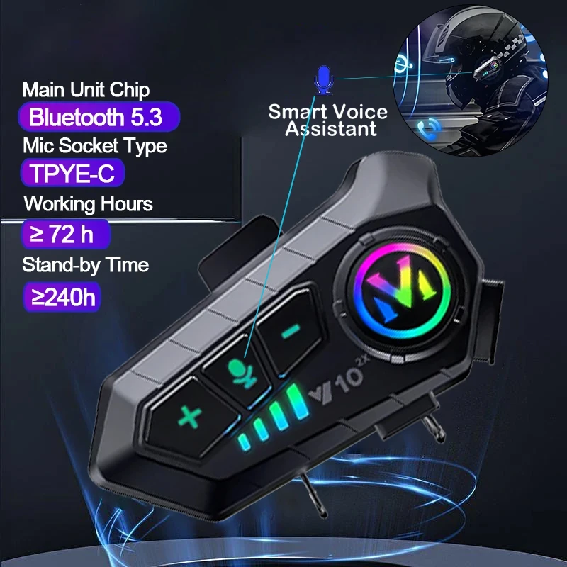 Full Face Motorcycle Helmet With Bluetooth - V10 2X อินเตอร์คอมบลูทูธสำหรับหมวกกันน็อคมอเตอร์ไซค์ ระยะการเชื่อมต่อไร้สาย 300 เมตร