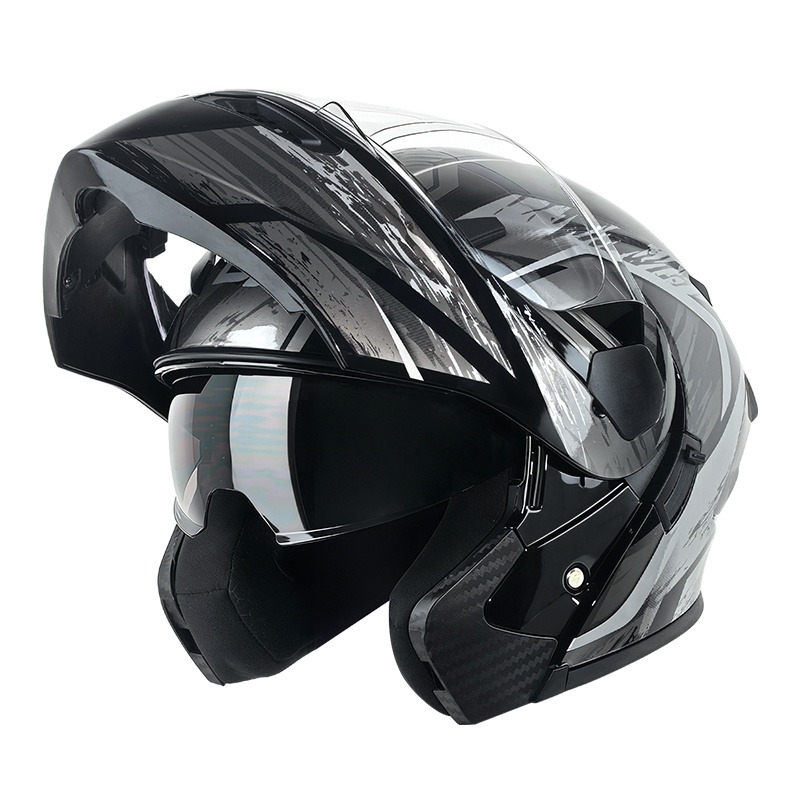 Modular Flip Up Motorcycle Helmet Dot Approved - หมวกกันน็อคมอเตอร์ไซค์แบบพลิกขึ้นได้ พร้อมแผ่นบังแดดสองชั้น ได้รับมาตรฐาน DOT สีดำ-เทา ลายกราฟิก