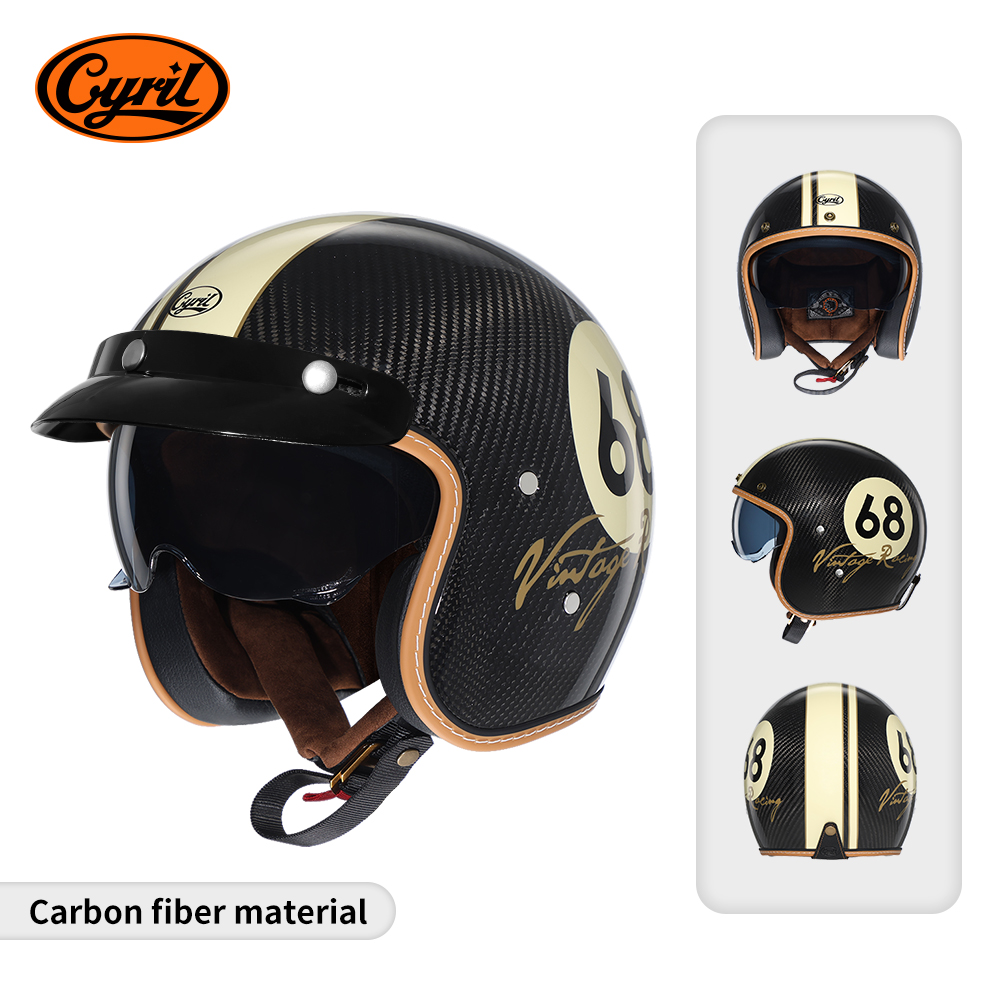 Carbon Fiber Lightweight Motorcycle Helmet - หมวกกันน็อคมอเตอร์ไซค์แบบเปิดหน้า คาร์บอนไฟเบอร์น้ำหนักเบา ครึ่งใบ ทรงเรโทร 3/4 สำหรับผู้ชายและผู้หญิง