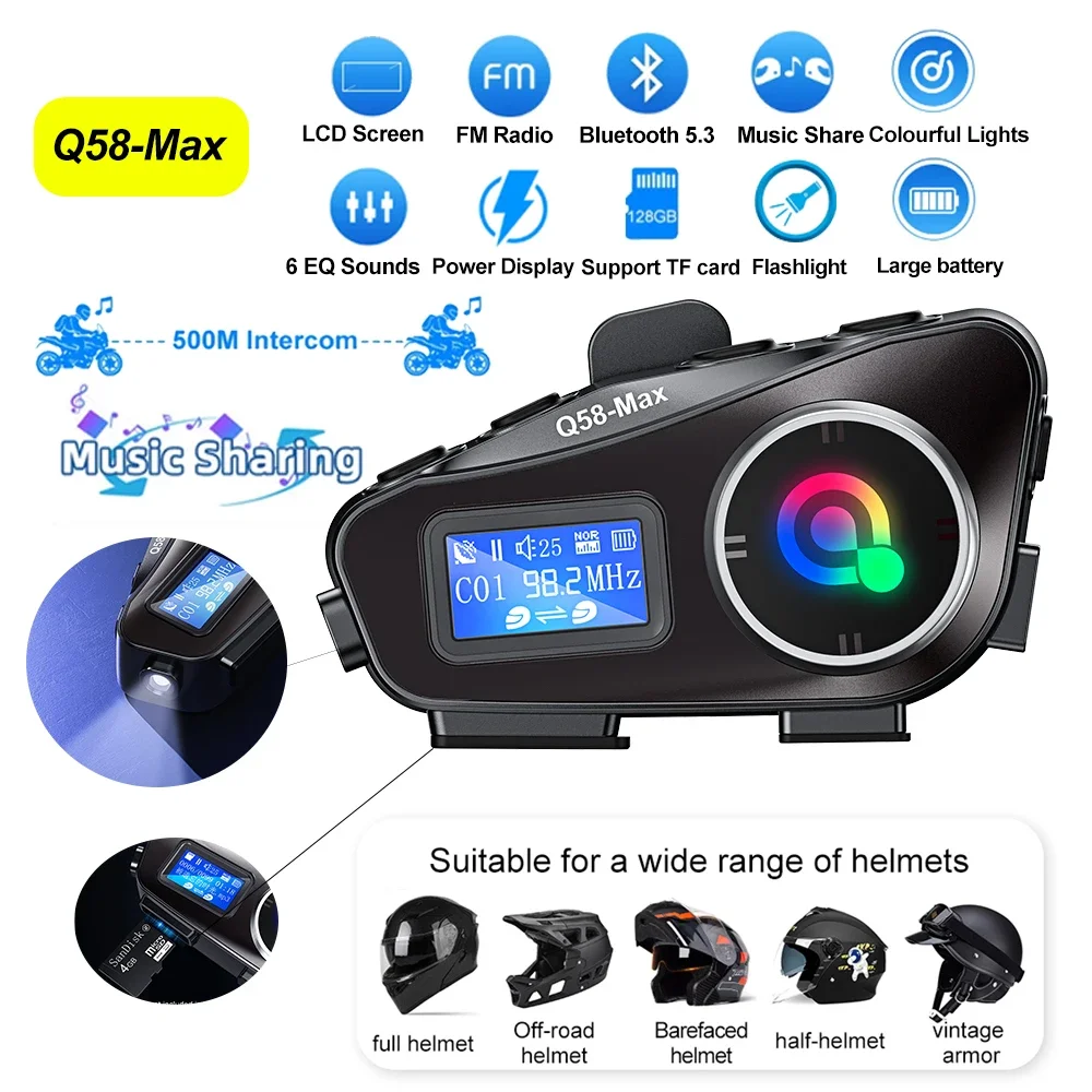 Universal Motorcycle Helmet Intercom Headset - หมวกกันน็อคอินเตอร์คอมหน้าจอขนาดใหญ่ชุดหูฟังบลูทูธหมวกกันน็อค BT5.3 Q58อินเตอร์โฟนพร้อมไฟ LED รองรับ FM