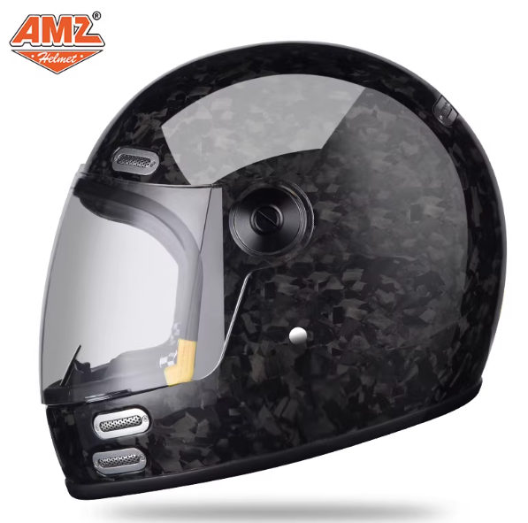 Carbon Fiber Lightweight Motorcycle Helmet - หมวกกันน็อคแบบเต็มใบ ทำจากคาร์บอนไฟเบอร์น้ำหนักเบา แข็งแรงสูง พร้อมเลนส์แบบฟองอากาศ เหมาะสำหรับรถมอเตอร์ไซค์สไตล์เรโทรและการแข่งขัน