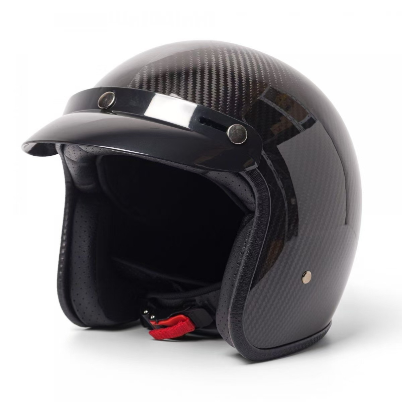 Carbon Fiber Lightweight Motorcycle Helmet - หมวกกันน็อควินเทจคาร์บอนไฟเบอร์น้ําหนักเบาเป็นพิเศษ 3/4 หมวกกันน็อคสกู๊ตเตอร์เจ็ทเทรนด์หมวกกันน็อคมอเตอร์ไซค์เปิดหน้าสีดําเงา