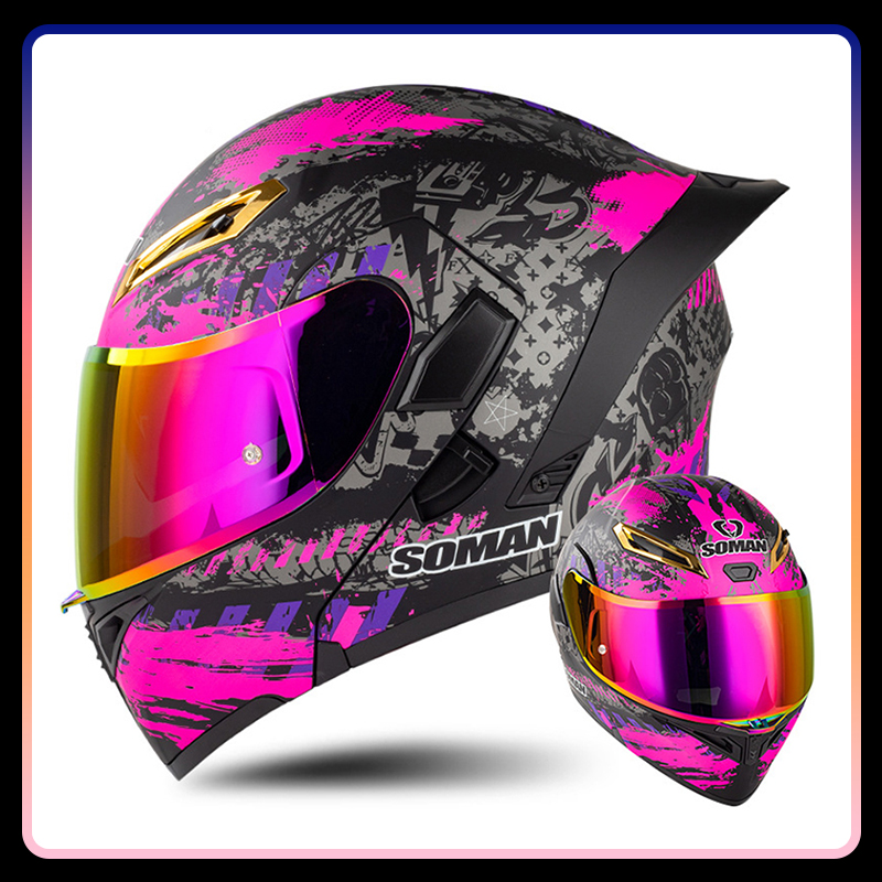 Modular Flip Up Motorcycle Helmet Dot Approved - หมวกกันน็อคมอเตอร์ไซค์สำหรับผู้ชายผู้หญิงหมวกกันน็อคแบบพับเลนส์คู่สีสันหมวกคลุมเต็มหน้าหมวกกันน็อคแบบจุดสีม่วงโมดูลาร์หมวกกันน็อค
