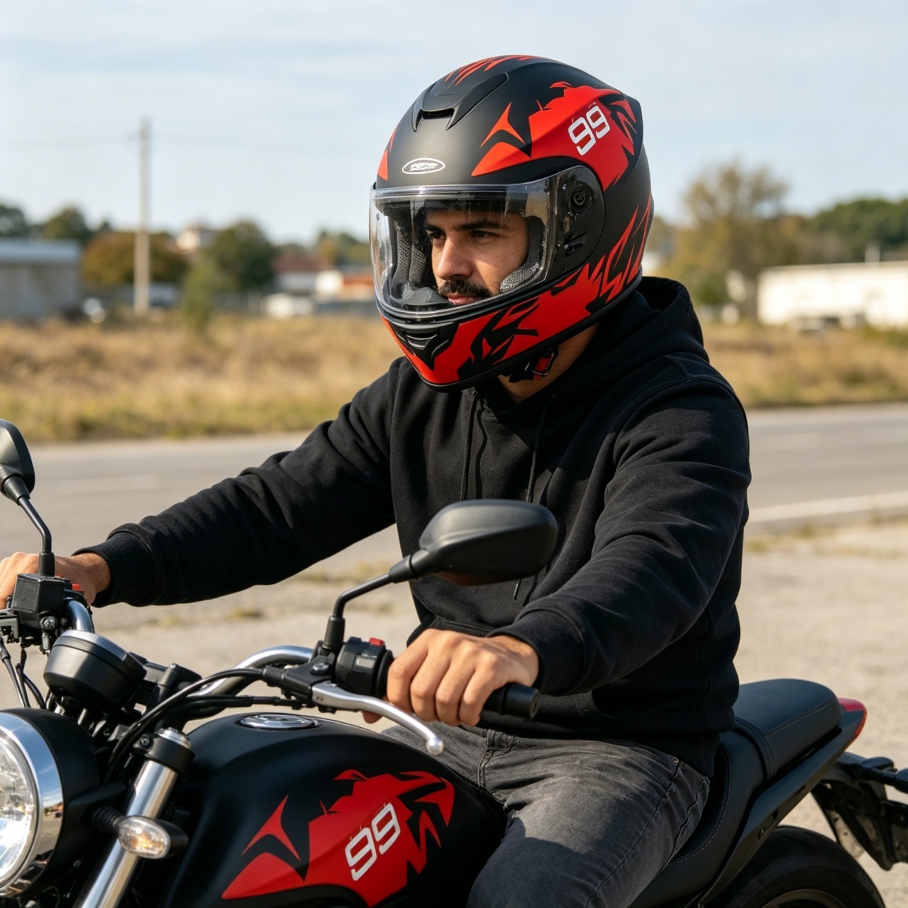 Dual Visor Motorcycle Racing Helmet - หมวกกันน็อคมอเตอร์ไซค์แบบเต็มหน้าสำหรับผู้ชาย แบบมีแผ่นบังแดดสองชั้น สำหรับแข่งรถวิบาก ป้องกันฝ้า สีแดง/ดำด้าน รุ่น