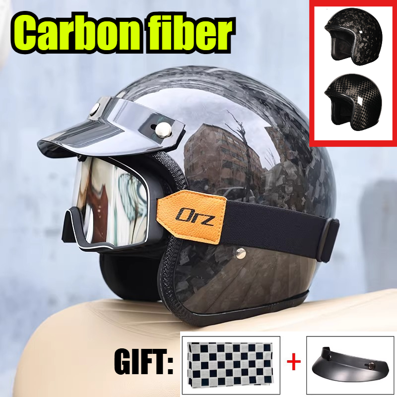 Carbon Fiber Lightweight Motorcycle Helmet - หมวกกันน็อคคาร์บอนไฟเบอร์วินเทจ ปี 2026 หมวกกันน็อคมอเตอร์ไซค์แบบเปิดหน้า 3/4 น้ำหนักเบา