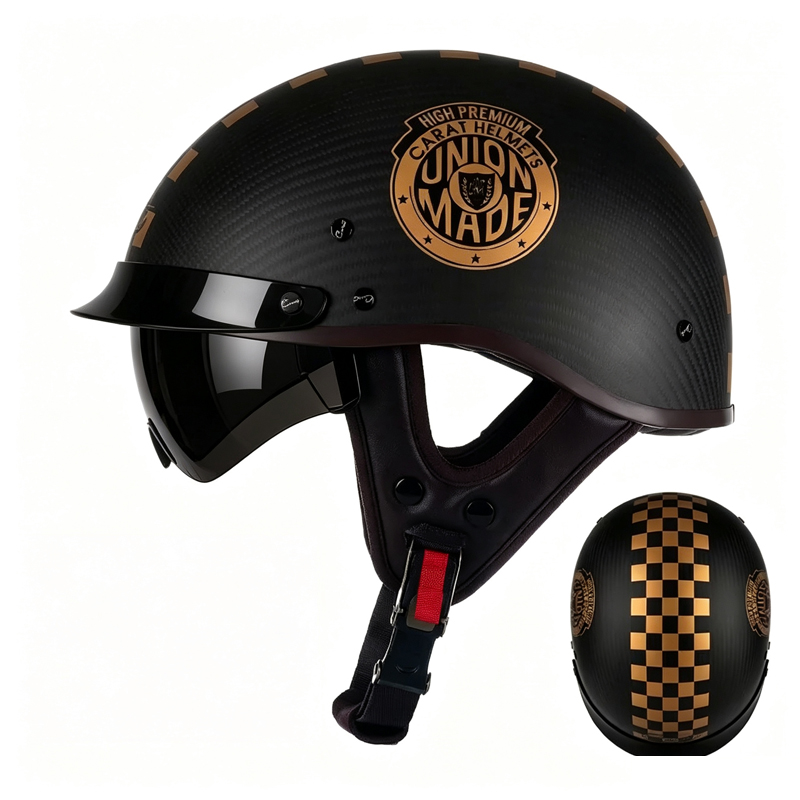 Carbon Fiber Lightweight Motorcycle Helmet - หมวกกันน็อคครึ่งใบคาร์บอนไฟเบอร์สำหรับมอเตอร์ไซค์, หมวกกันน็อคแบบเปิดหน้า น้ำหนักเบา สไตล์เรโทร ได้รับการรับรอง 3C